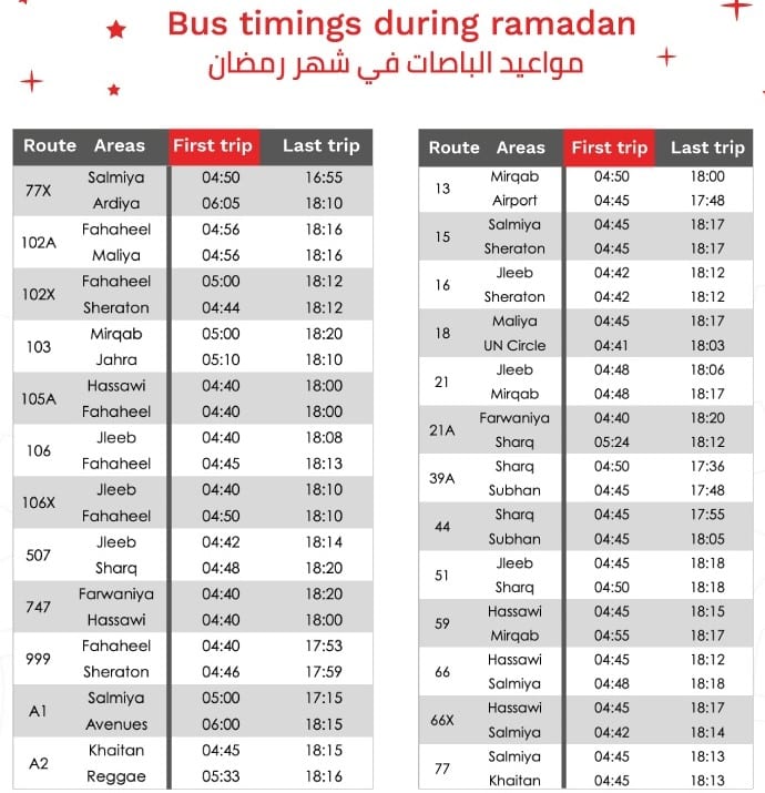 Bus timings during Ramadan2021, iiQ8, مواعيد الباصات خلال شهر رمضان 1