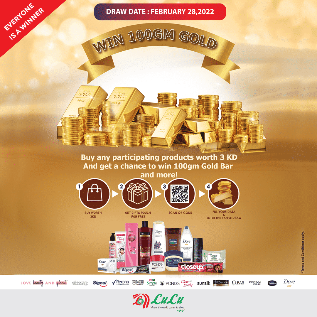 Everyone is a Winner in Lulu Hypermarket, Chance to Win 100 Gram Gold, iiQ8 Offers in Lulu Kuwait Hala February 5