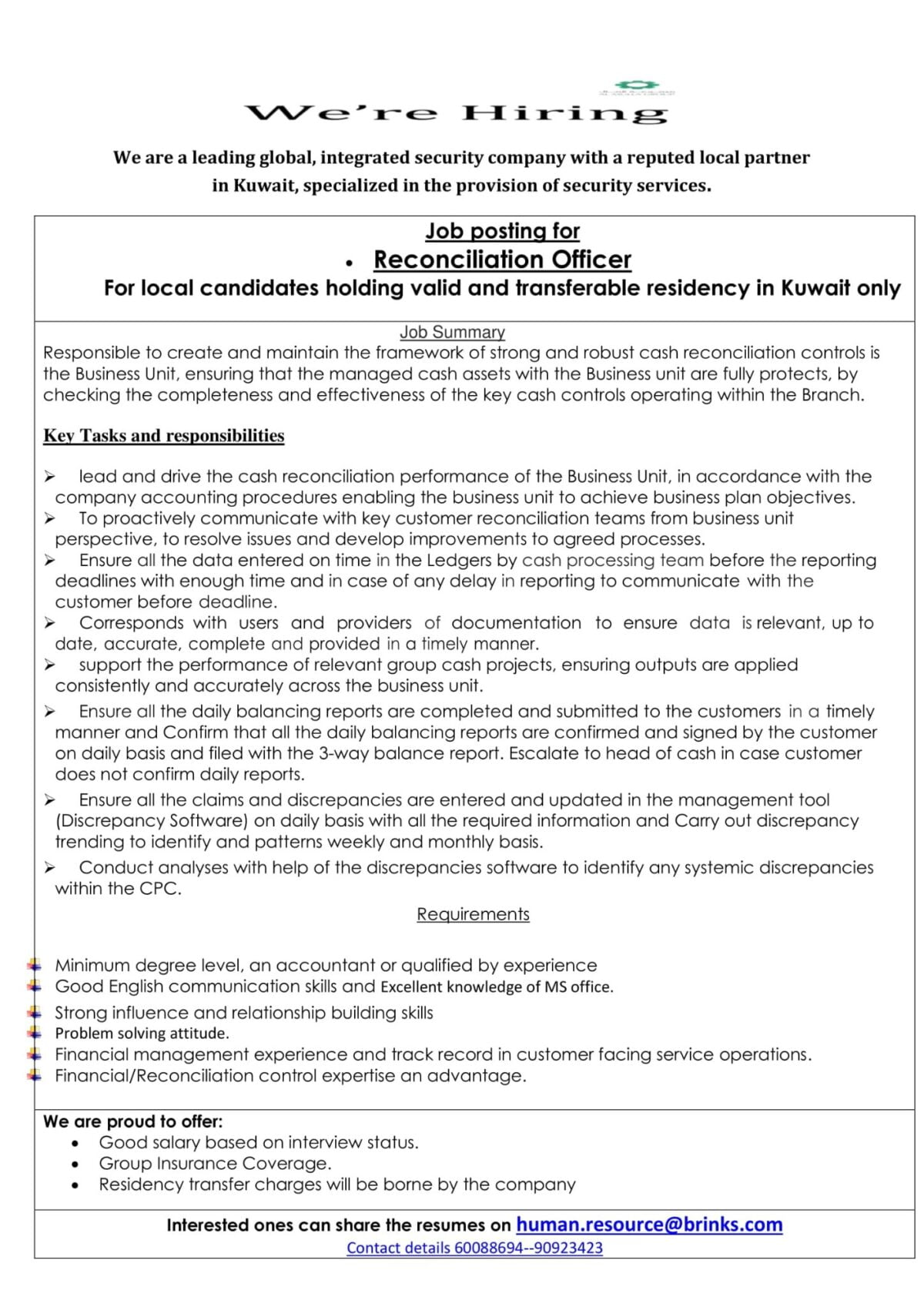 AlMulla Kuwait Company Job Vacancy, Reconciliation Officer