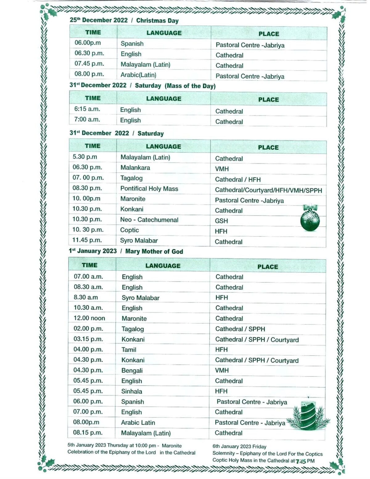 Christmas & New Years Events 2023 in Kuwait Mass Schedule